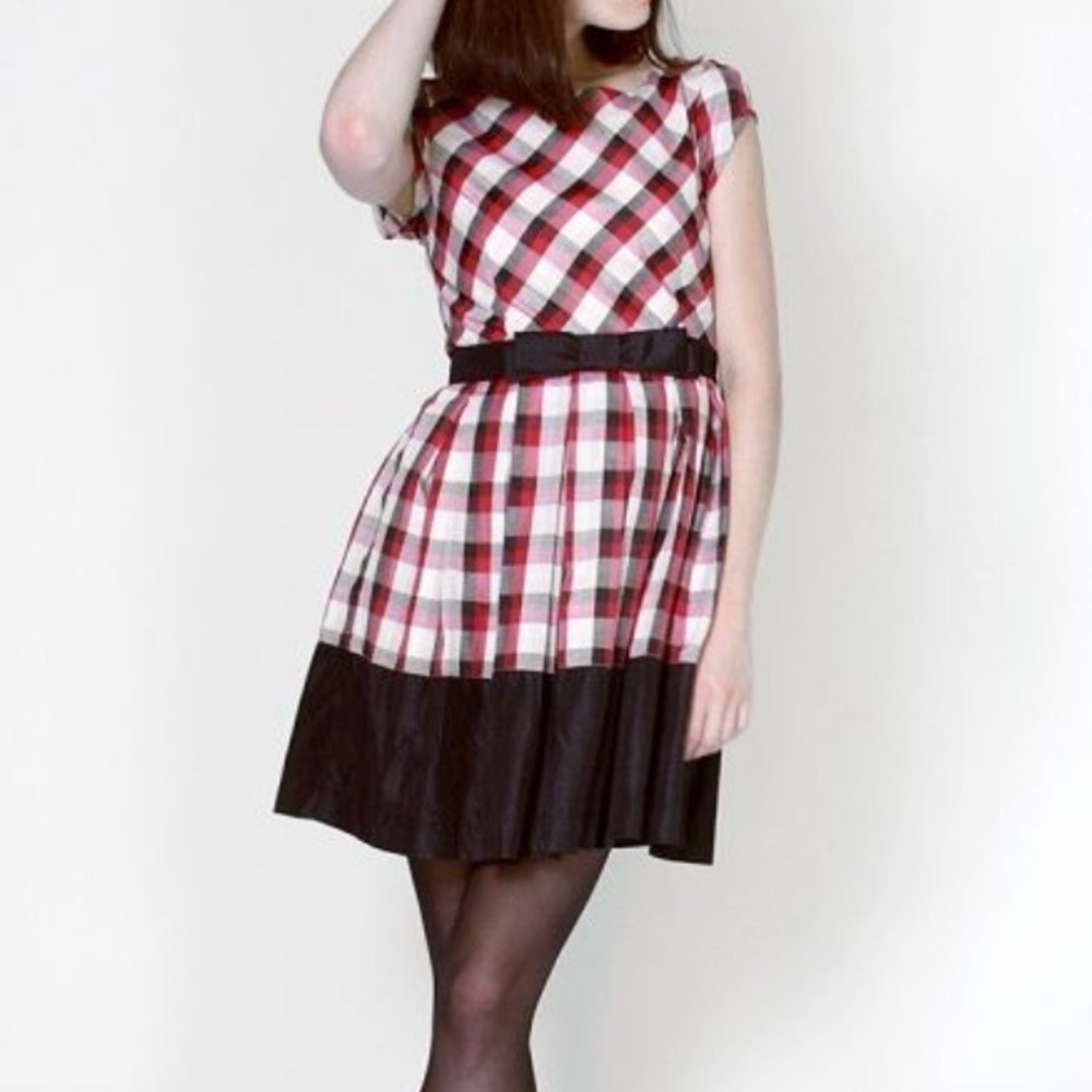 Dear Creatures plaid fit & flare mini dress, lined, round neck, small